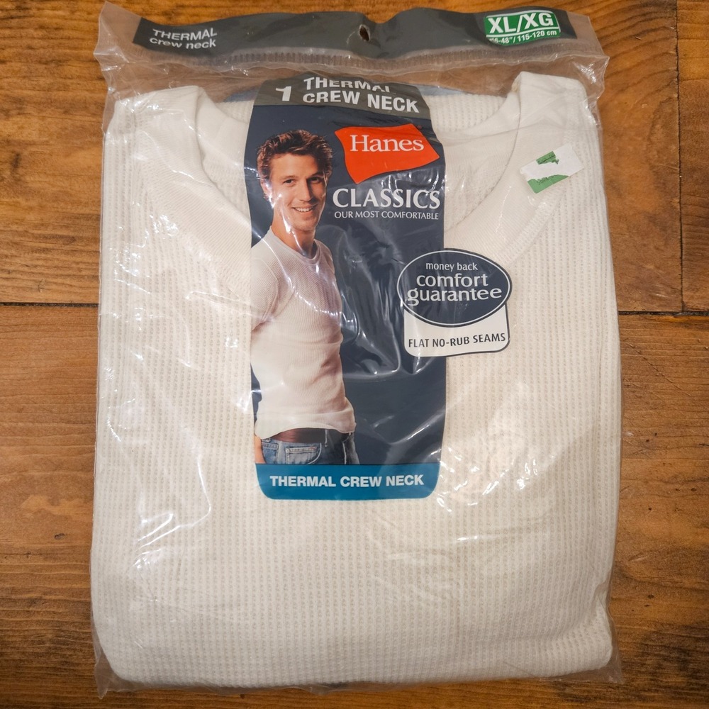 Hanes Classics Men's XL Thermal Crew Neck 2012 Waffle Knit Shirt White NOS